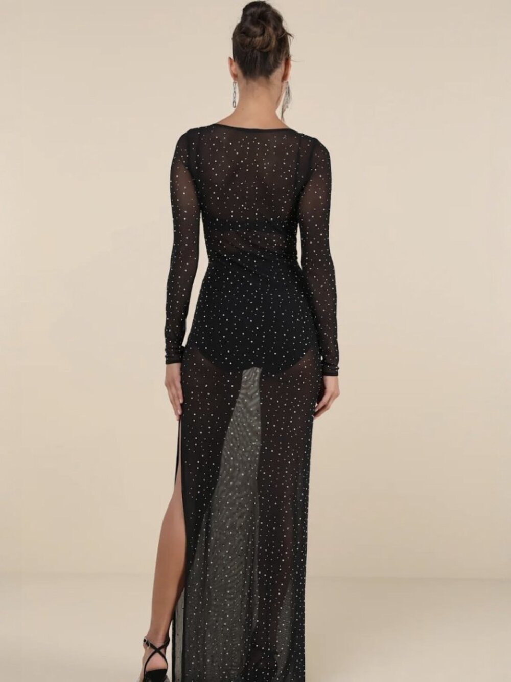 NWT Lulus Daring Sparkle Black Sheer Mesh Rhinestone Maxi Dress (size XS) - Picture 3 of 7
